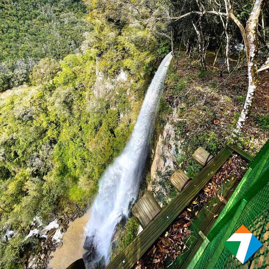 Cachoeira despencando de um penhasco, vista de uma passarela de madeira elevada, cercada por folhagem verdejante.