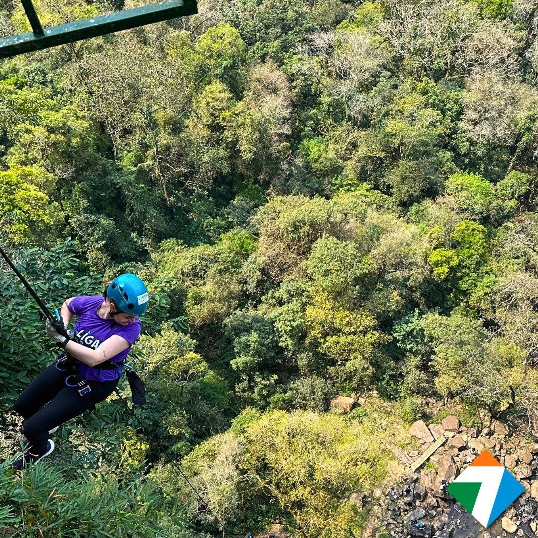 Pessoa fazendo rapel em uma parede rochosa coberta por árvores verdejantes; usando capacete e camisa roxa.