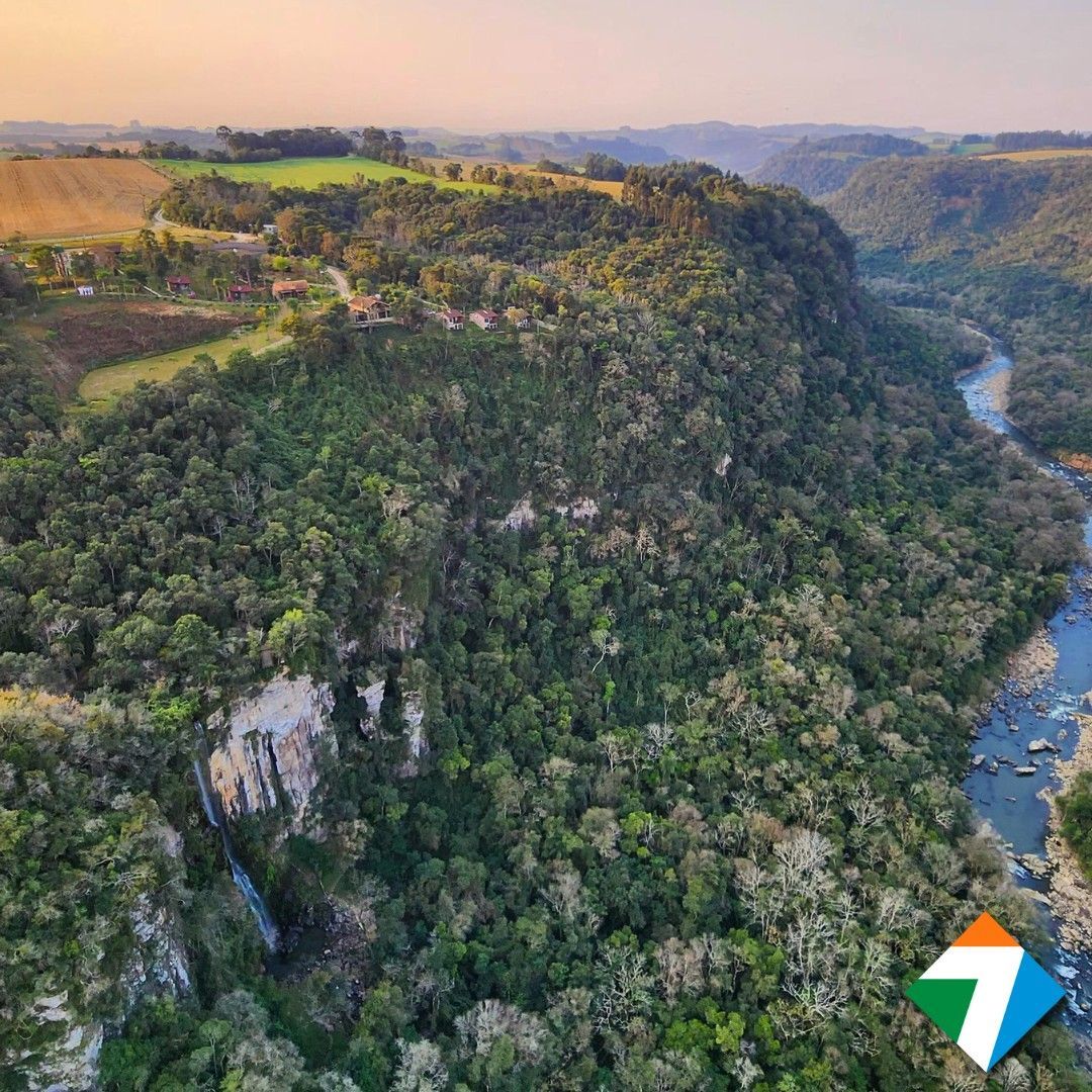 Vista aérea de um cânion verdejante com um rio que o atravessa.
