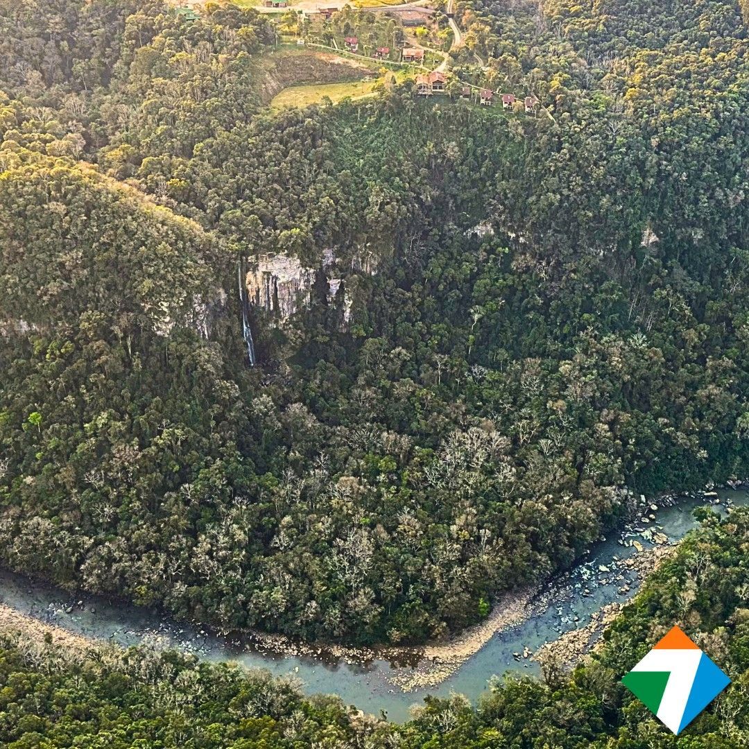 Vista aérea de uma exuberante floresta verde com um rio sinuoso e uma pequena cachoeira.