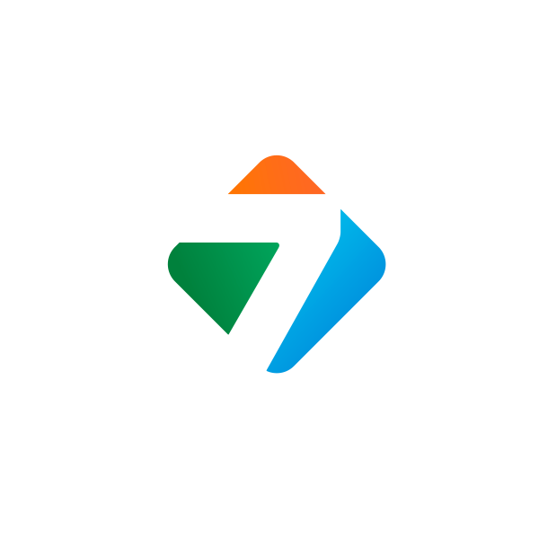Número 7 branco em formato de diamante colorido: laranja em cima, verde à esquerda, azul à direita.