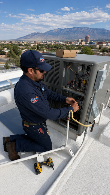 Outdoor HVAC unit beside a stucco wall with a disconnected chain and cardboard near the base