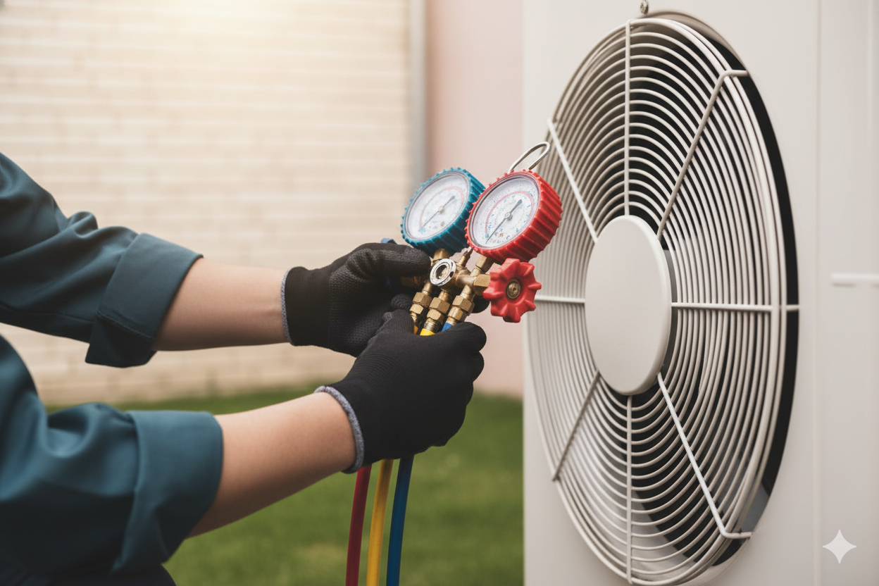 HVAC technician with gauges, connecting to outdoor unit fan.