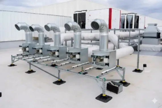 Rooftop HVAC equipment with multiple silver exhaust pipes and white insulation, supported by a metal framework.