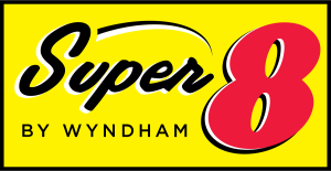 A yellow and red logo for super 8 by wyndham