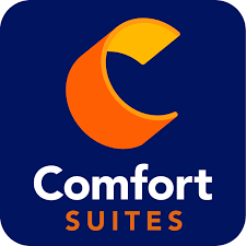 The comfort suites logo is a blue square with a yellow crescent moon on it.