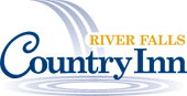 The logo for the river falls country inn is blue and yellow.