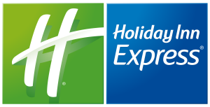 The holiday inn express logo is green and blue
