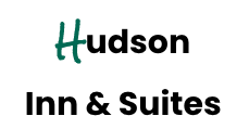 The logo for hudson inn and suites is green and black on a white background.