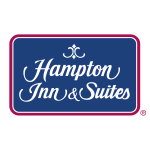 The logo for hampton inn and suites is a blue sign with white writing on it.
