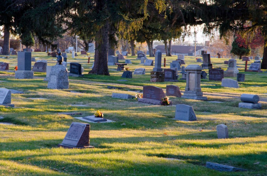 A cemetery filled with lots of graves and trees