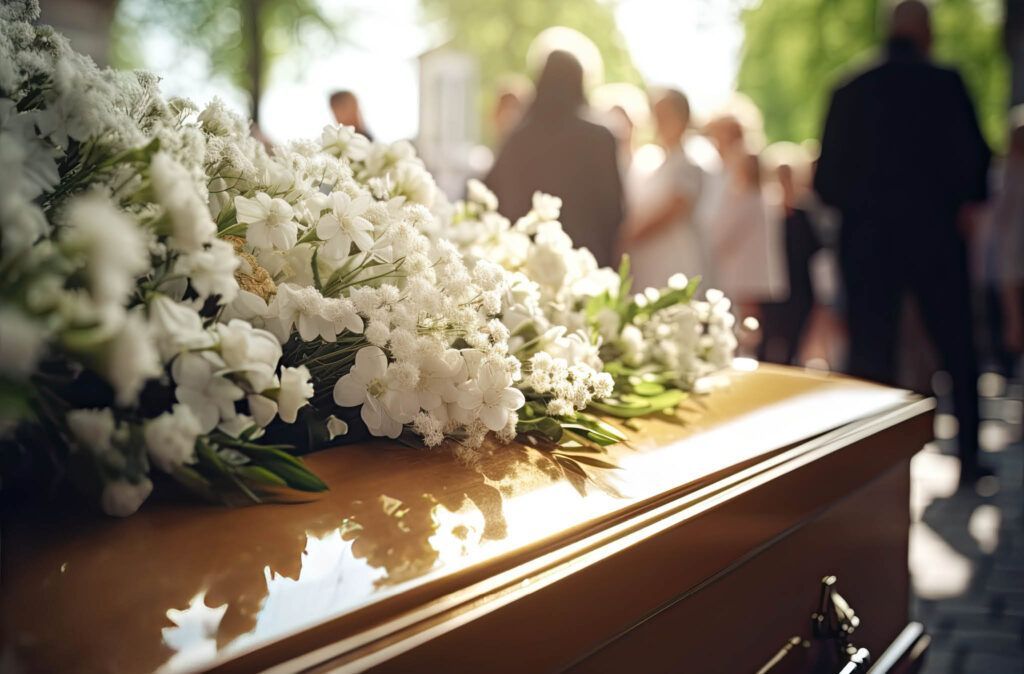 A coffin covered in white flowers is sitting in front of a crowd of people at a funeral.