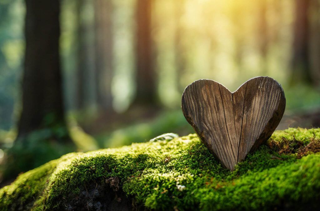 A wooden heart is sitting on a mossy rock in the woods.