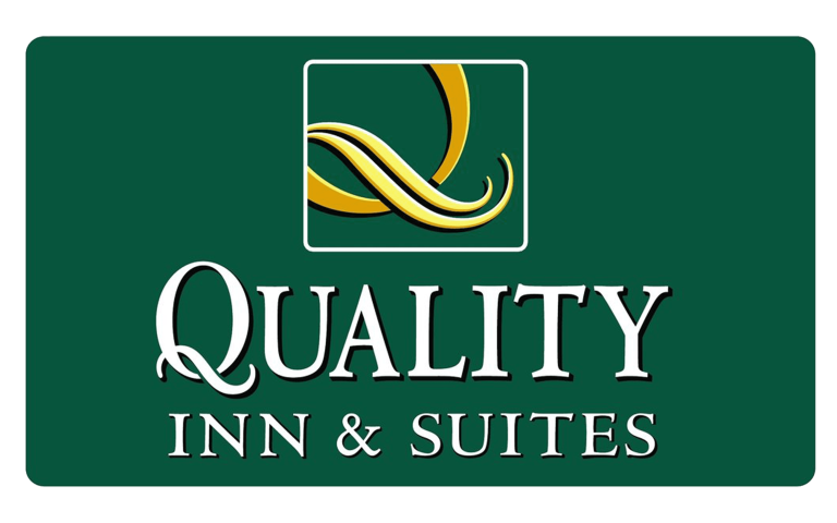 A quality inn and suites logo on a green background