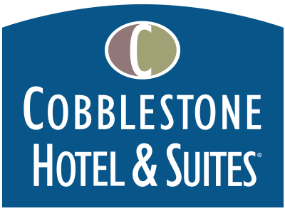 The logo for cobblestone hotel and suites is blue and white.