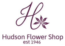 The logo for hudson flower shop is purple and has a flower on it.