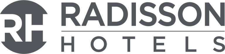 The logo for radisson hotels is gray and white.