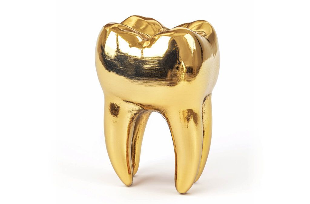 A gold tooth is sitting on a white surface.