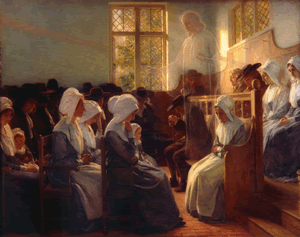 A dim church interior, figures in simple clothing, with a ghostly figure of a man above them.