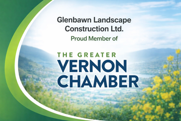 Glenbawn Landscape Construction Ltd. logo announcing their membership in The Greater Vernon Chamber over a scenic landscape.