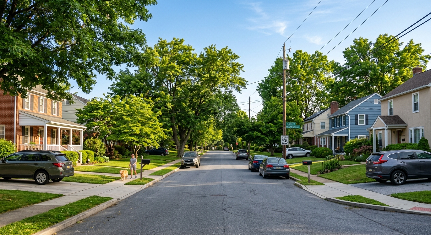A car driving through a quiet residential street in Mechanicsburg Pennsylvania on a clear autumn morning