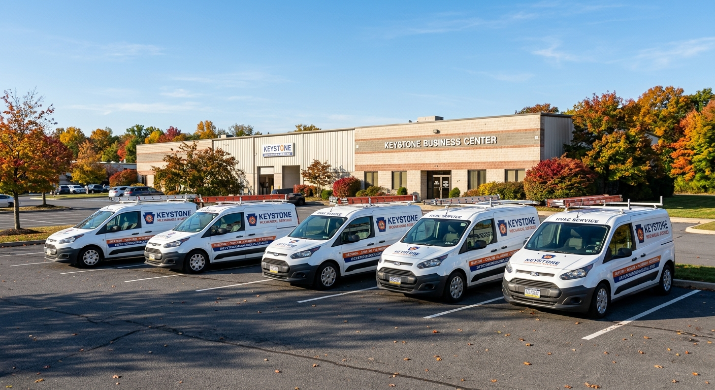 White cargo van parked outside a small business in a Pennsylvania town on a clear day