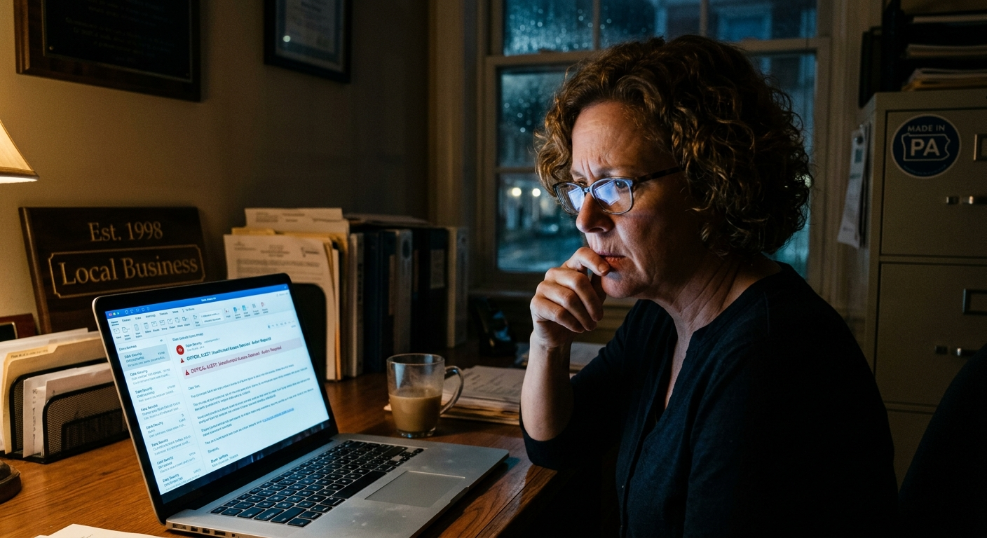 Small business owner in Pennsylvania reviewing cyber security alerts on a laptop at a desk in a local office