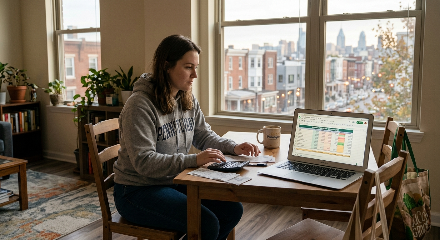 Young woman sitting on the floor of an unfurnished apartment surrounded by moving boxes, reviewing paperwork