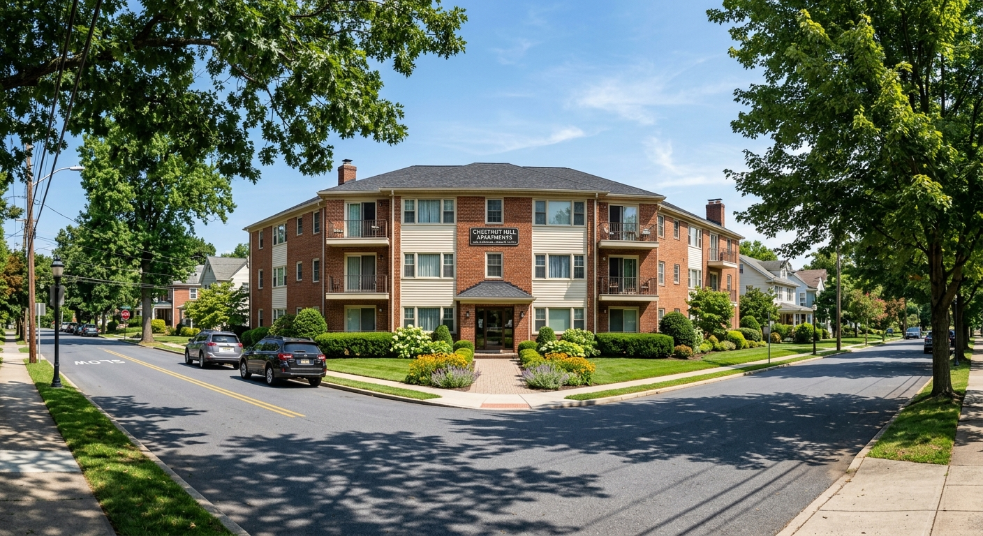 A neatly furnished rental apartment living room in a Camp Hill Pennsylvania residential building on a sunny afternoon
