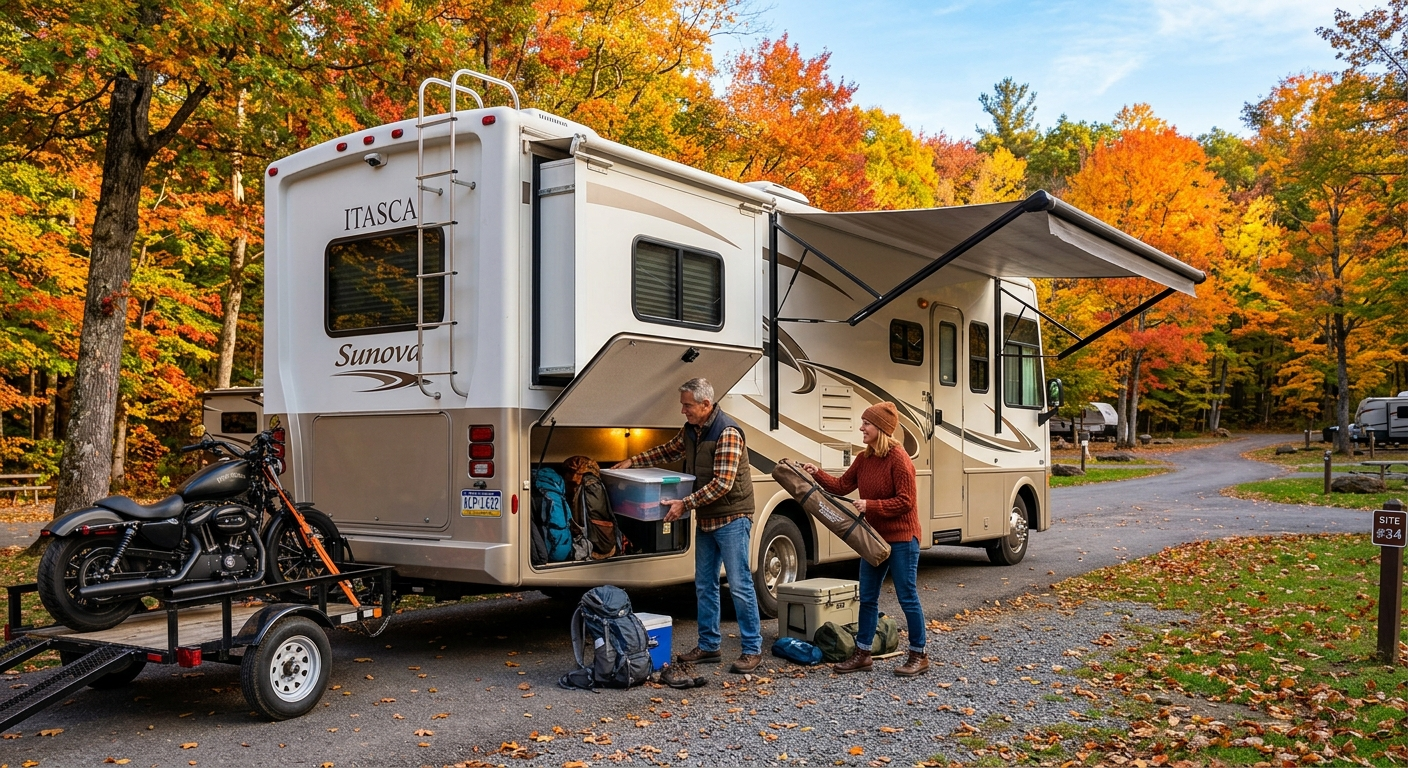 A Class A motorhome parked at a Pennsylvania campground near autumn foliage with a motorcycle visible beside it