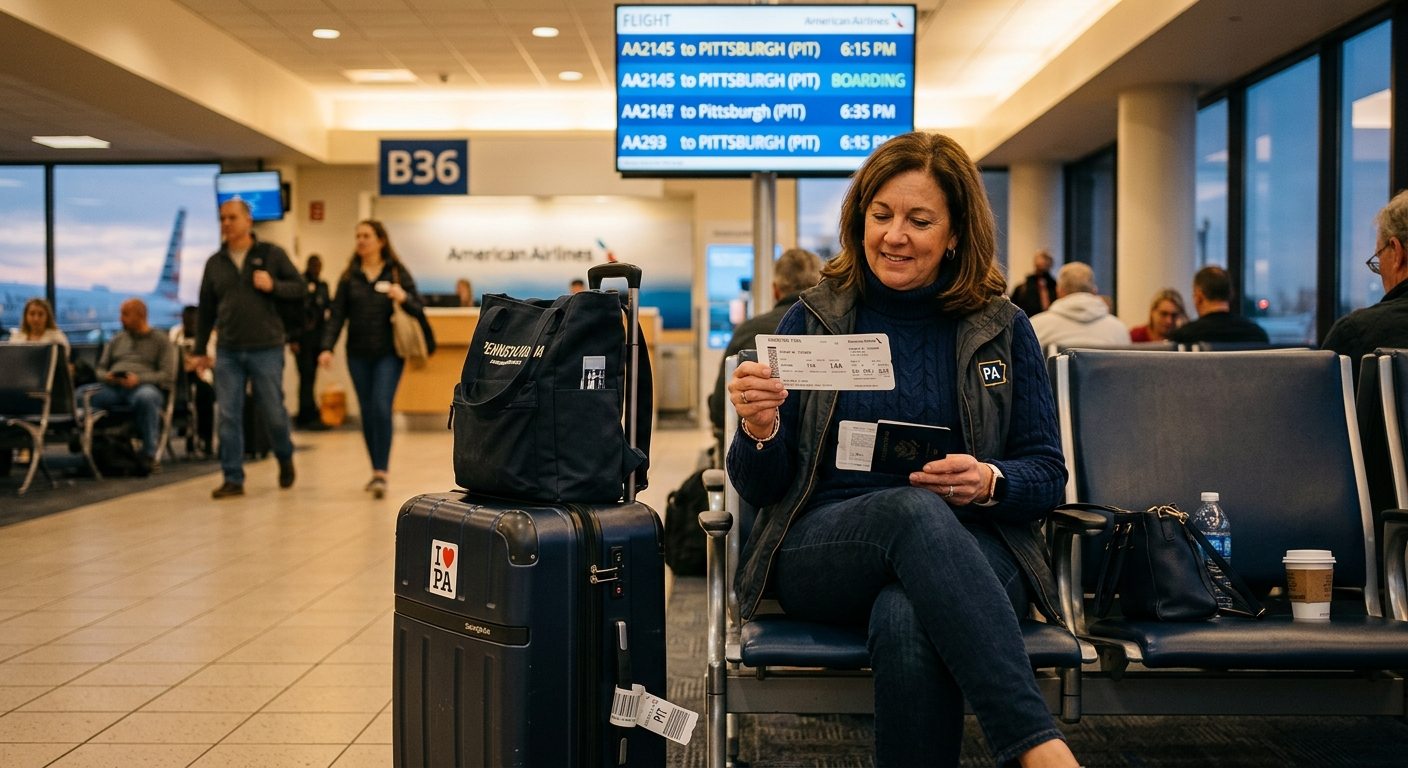 Pennsylvania traveler reviewing travel insurance documents at an airport gate before an international flight
