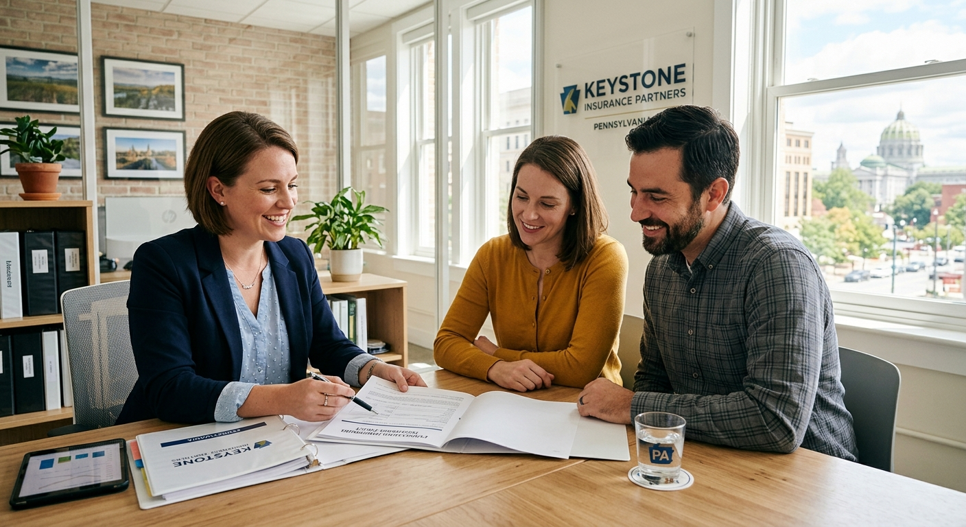 Independent insurance agent sitting across a desk from a Pennsylvania couple reviewing policy documents together in a local