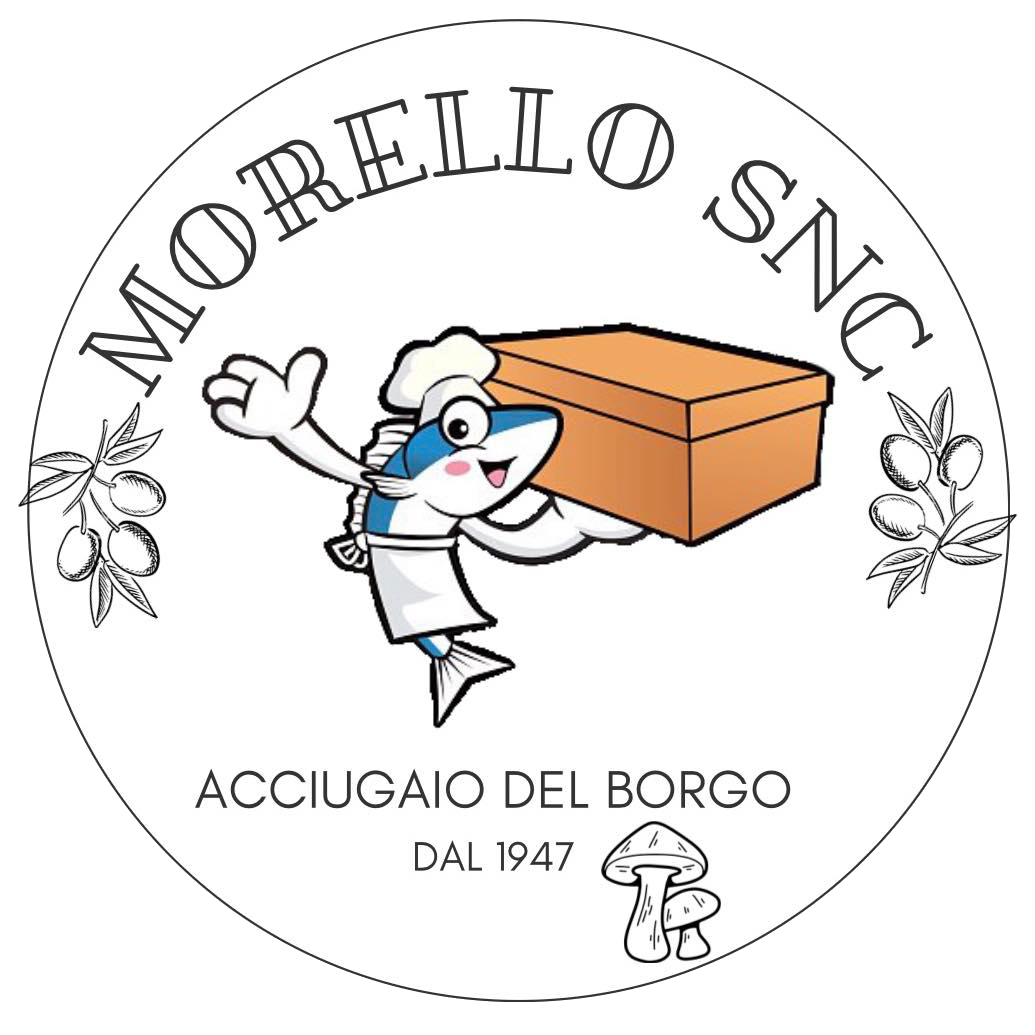 Logo per Morello SNC: un pesce chef dei cartoni animati che tiene in mano una scatola, circondato da testo e illustrazioni.