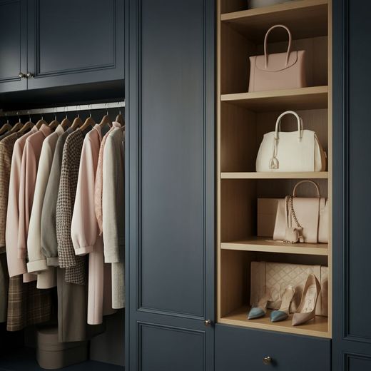 Built-in closet with hanging clothes, shelves, and handbags in a dark blue and wood wardrobe