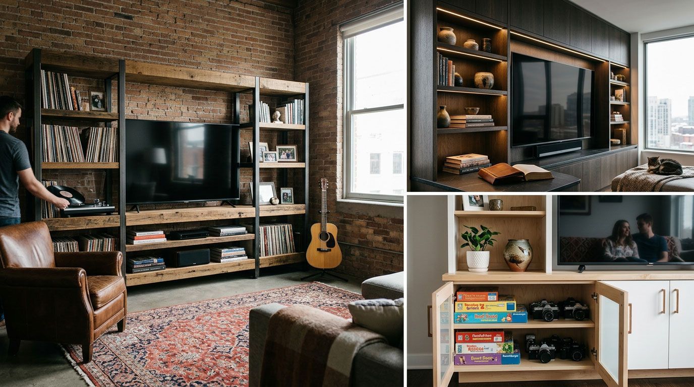 Cozy living room with brick walls, TV, shelves, leather chair, guitar, and a modern shelving close-up.