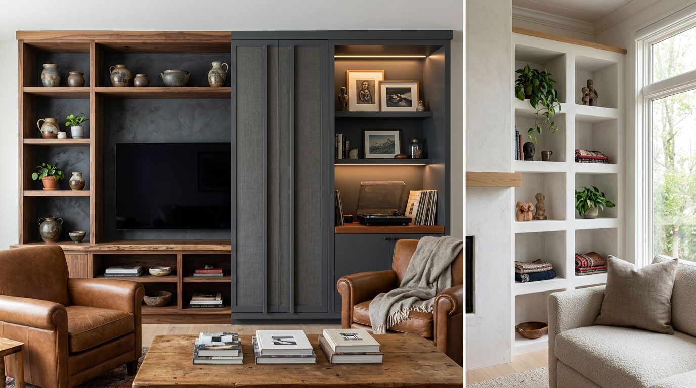 Modern living room with built-in shelves, TV, leather chair, and a bright window seat with cushions