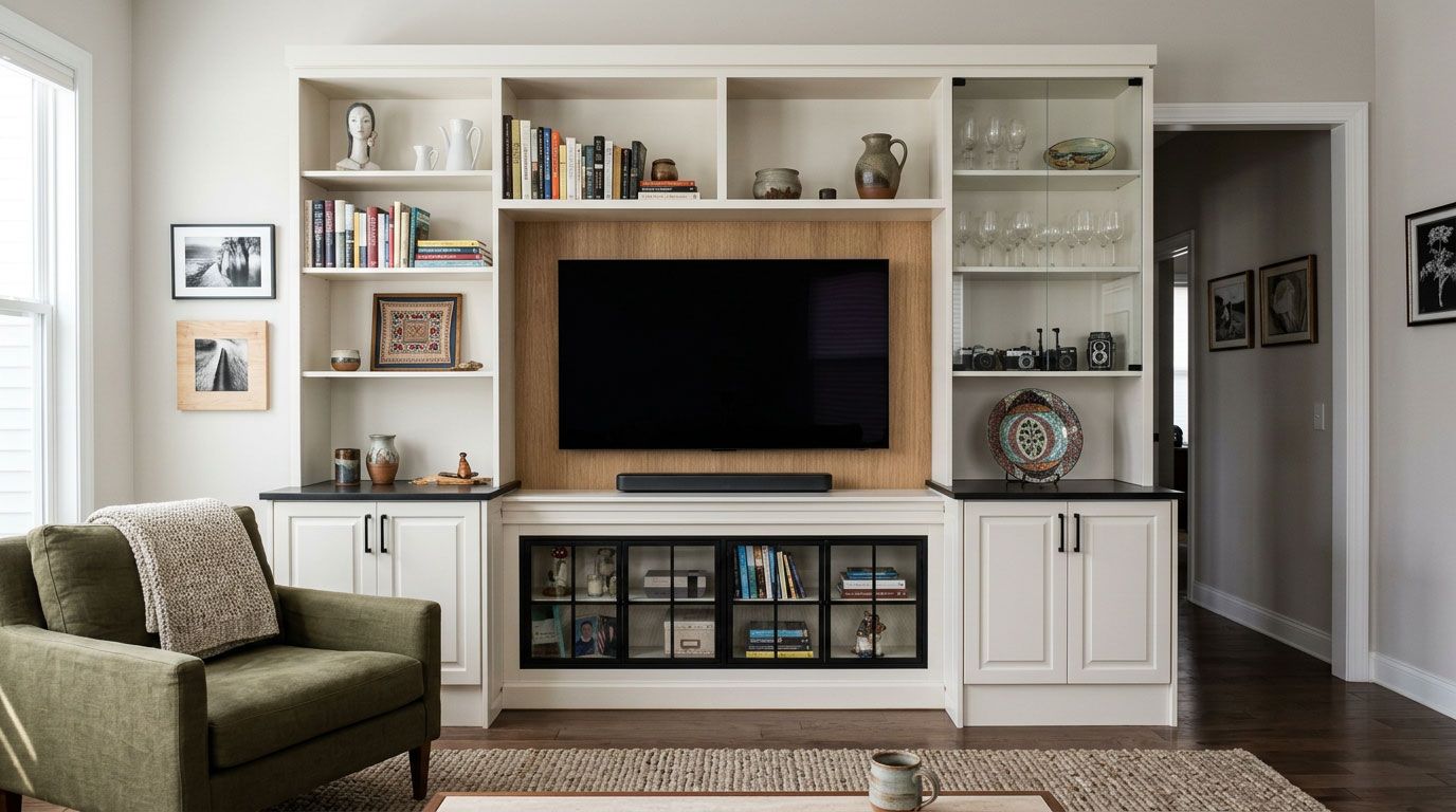 Built-in living room wall unit with TV, shelves, cabinets, and decor in a bright room