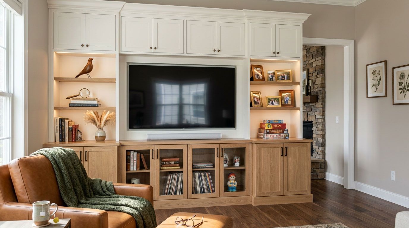 Living room with built-in cabinets, large TV, bookshelves, and a leather chair by the window.