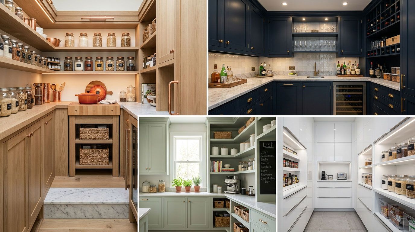 Collage of five modern kitchen pantry designs in light and dark neutral tones, with shelves, cabinets, and storage