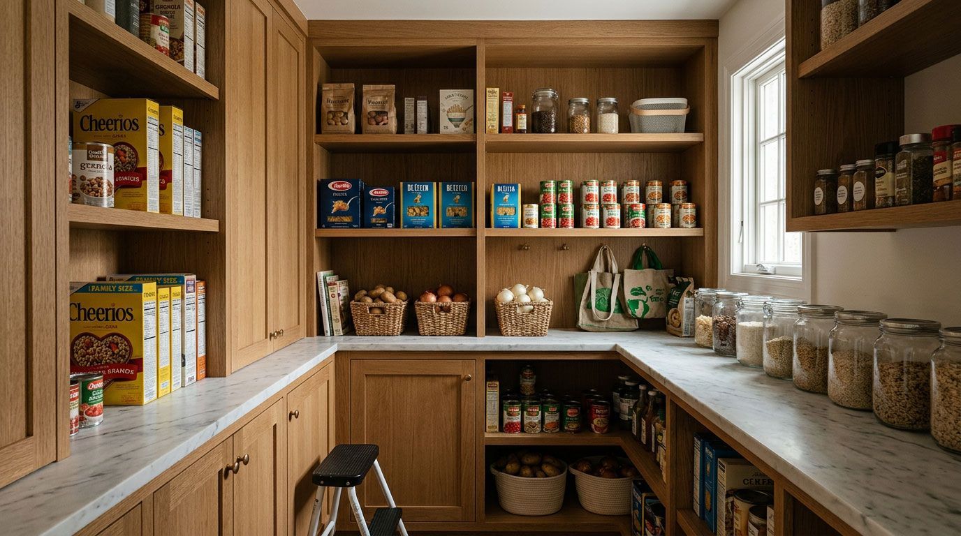 Wooden pantry shelves lined with jars, canned goods, and dry food in a warm kitchen corner.