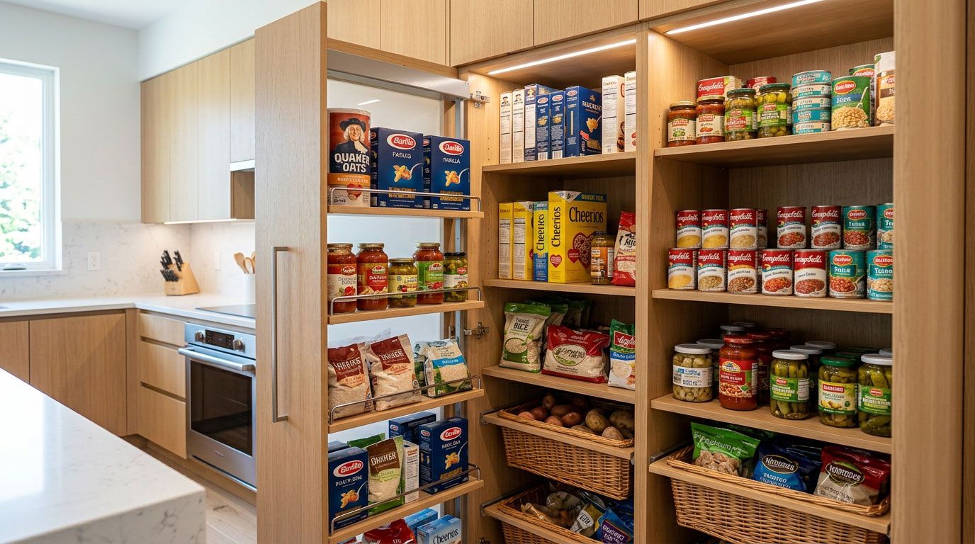 Kitchen pantry shelves stocked with canned and dry goods beside a bright modern kitchen.
