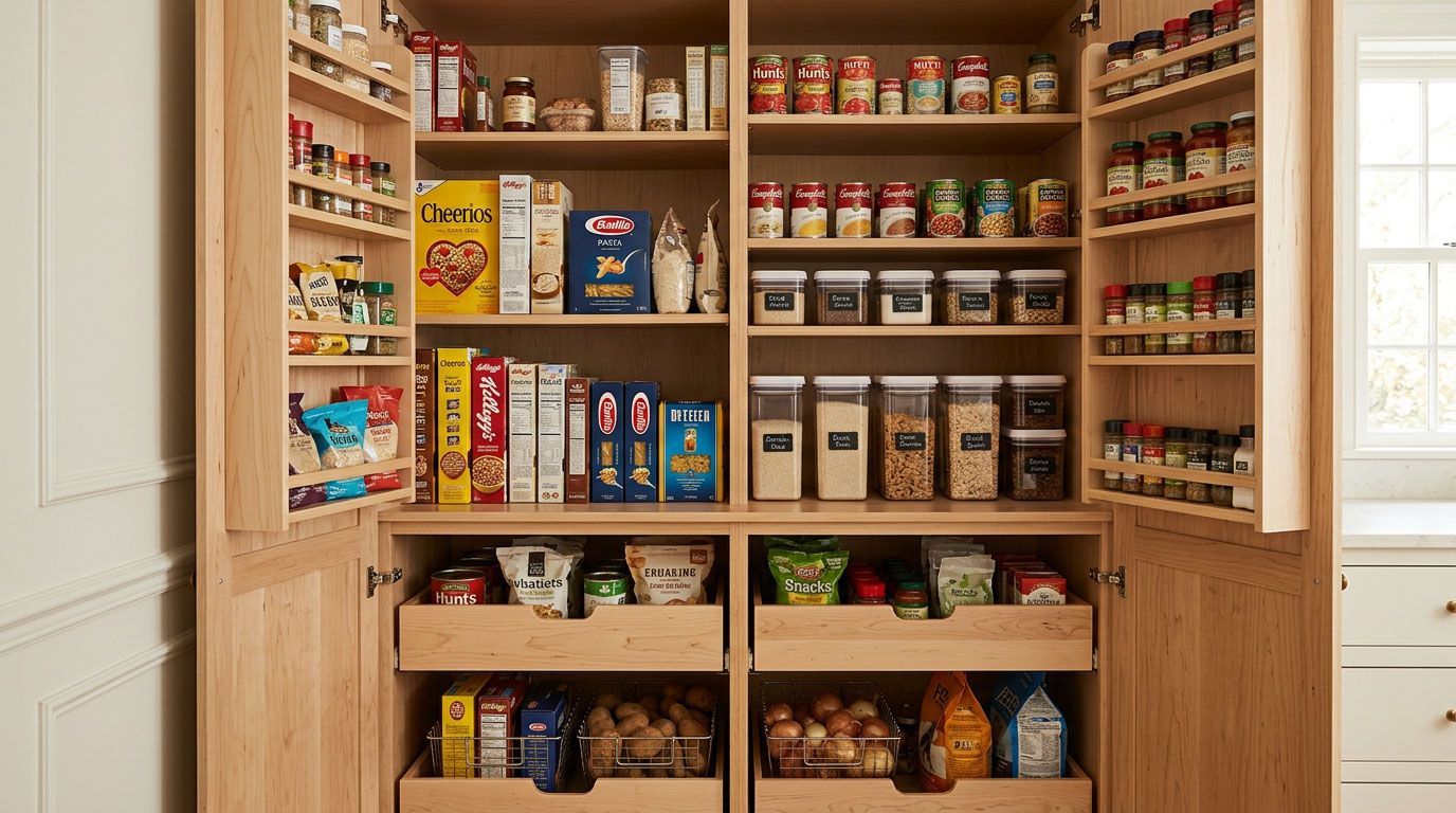 Wooden pantry filled with organized canned goods, jars, and dry food on open shelves.