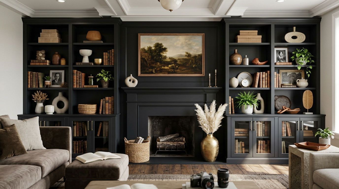 Elegant living room with black built-in shelves, a fireplace, framed painting, and warm decor accents
