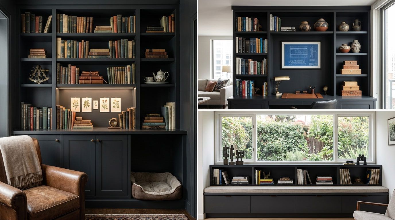 Built-in black bookshelves and cabinets in a cozy home office, with books, decor, and a leather chair.
