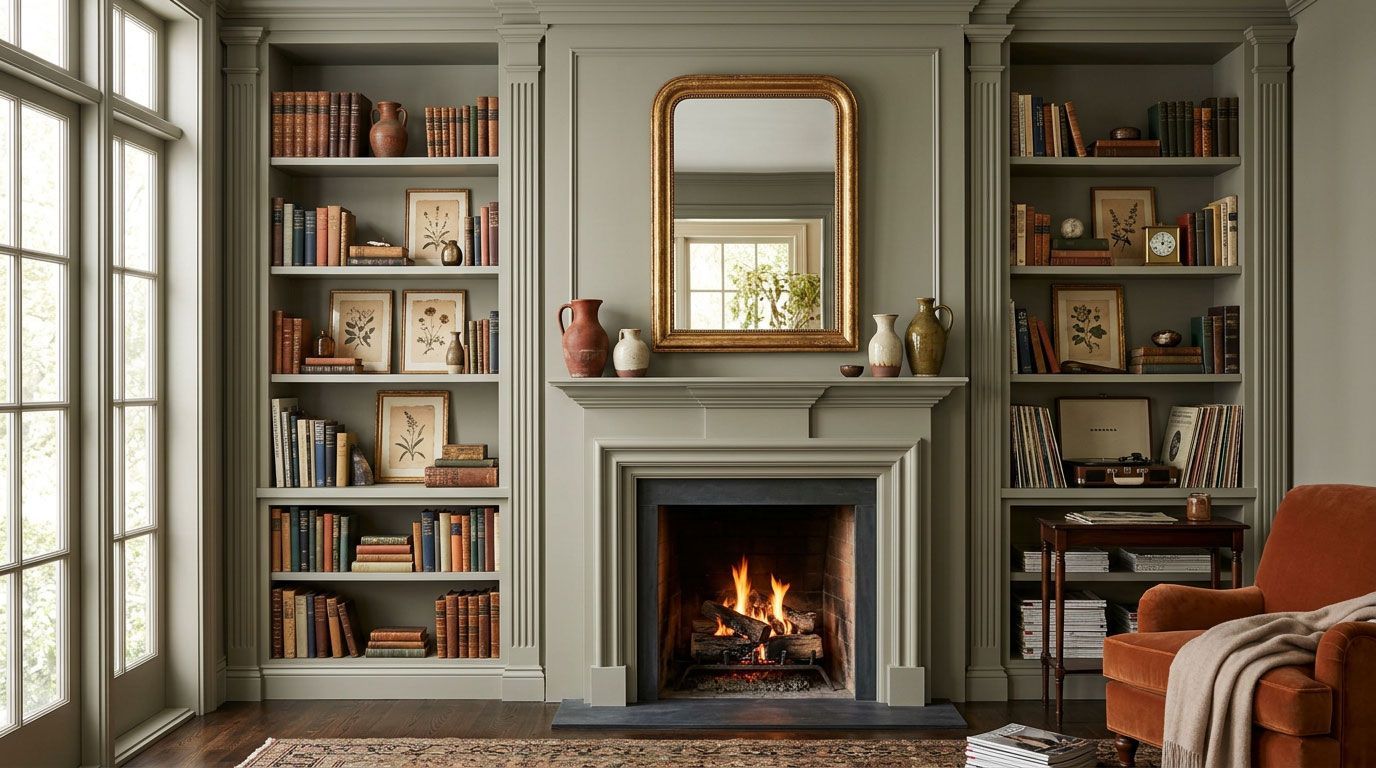 Elegant living room with built-in bookshelves, fireplace, mirror, and warm orange chair accents