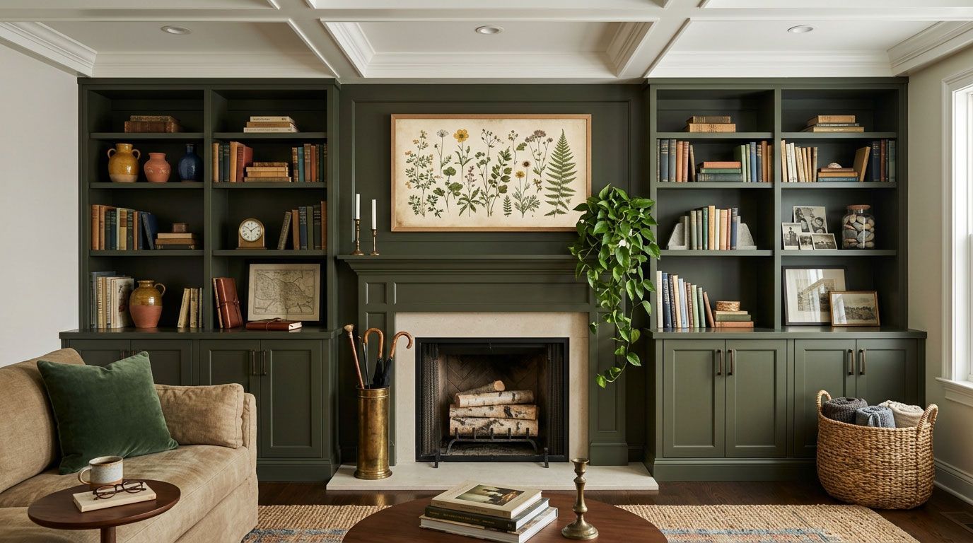 Cozy living room with a fireplace, built-in bookshelves, green cabinets, and neutral seating.