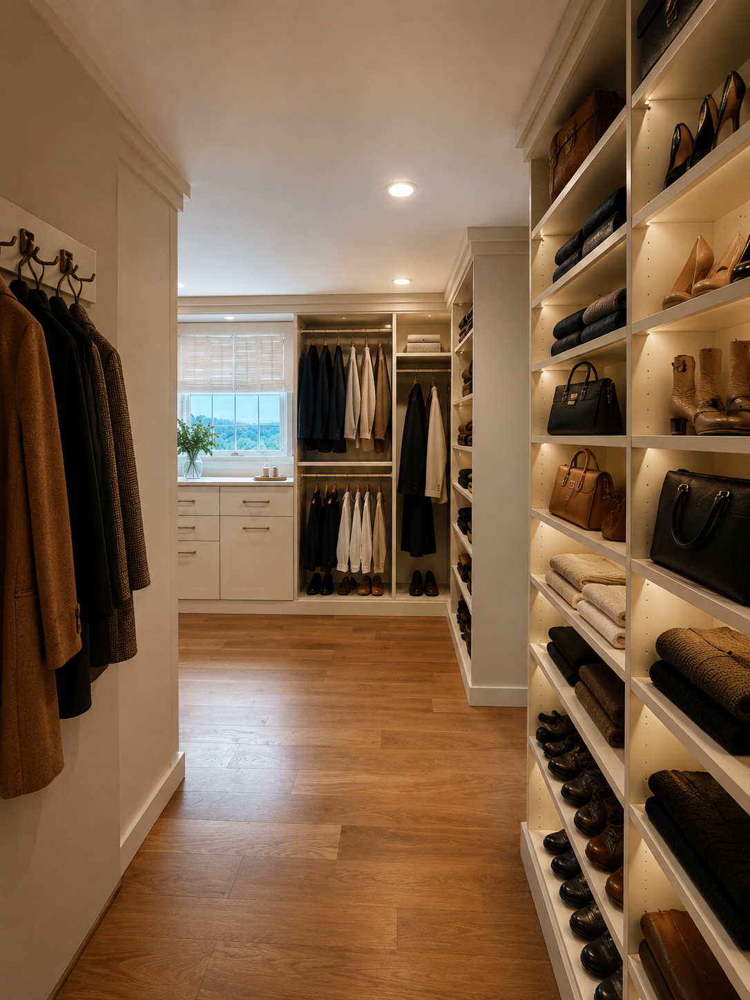 Walk-in closet with wooden floors, built-in shelves, hanging clothes, and a window at the far end.
