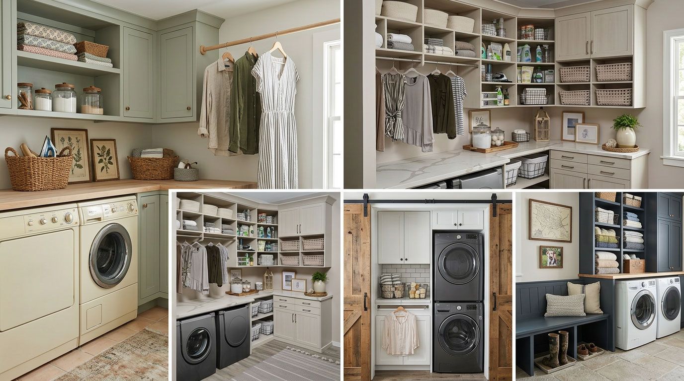 Laundry room with gray cabinets, shelves, washer and dryer, and storage baskets in a tidy neutral space