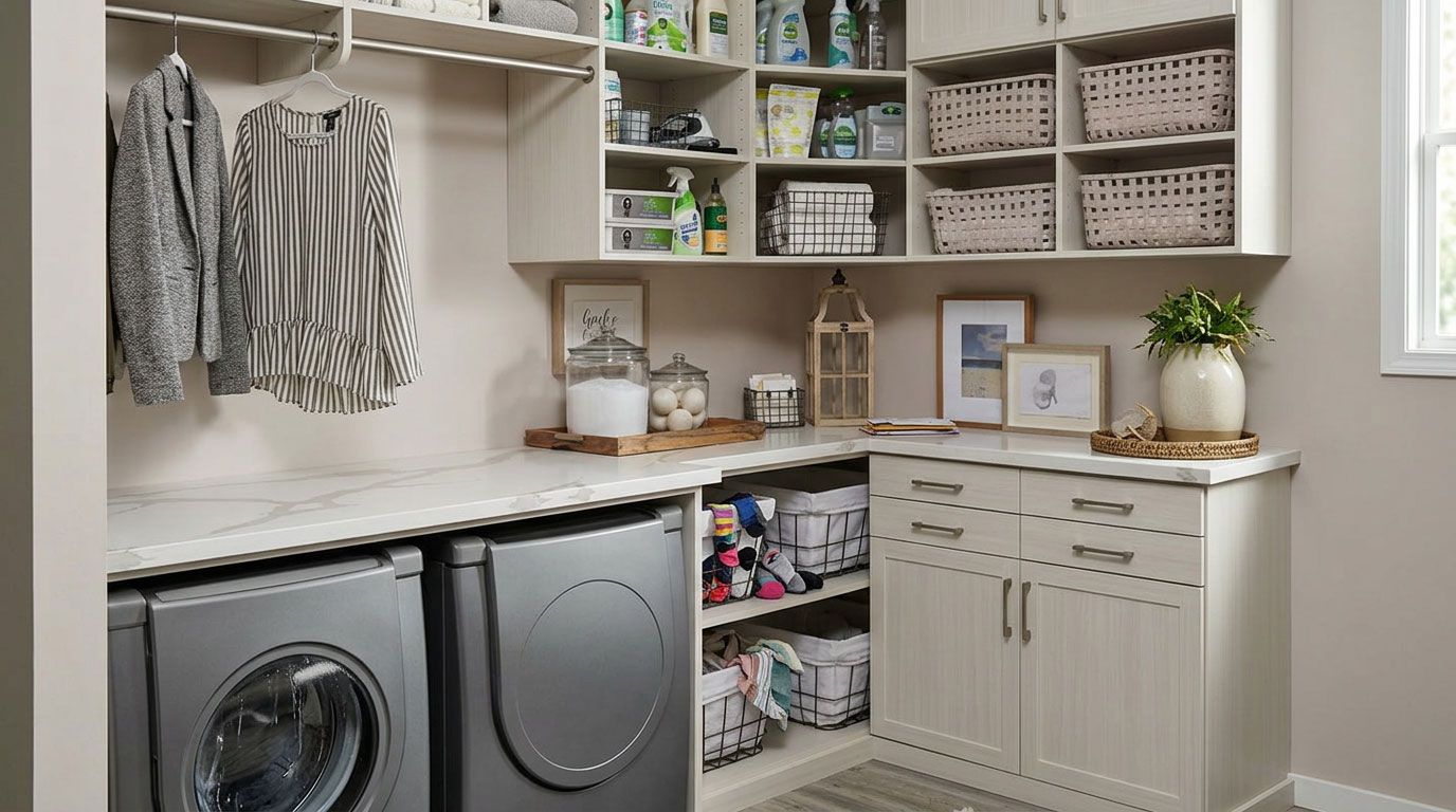 Laundry room with washer and dryer, open shelves, wicker baskets, and a beige cabinet workspace