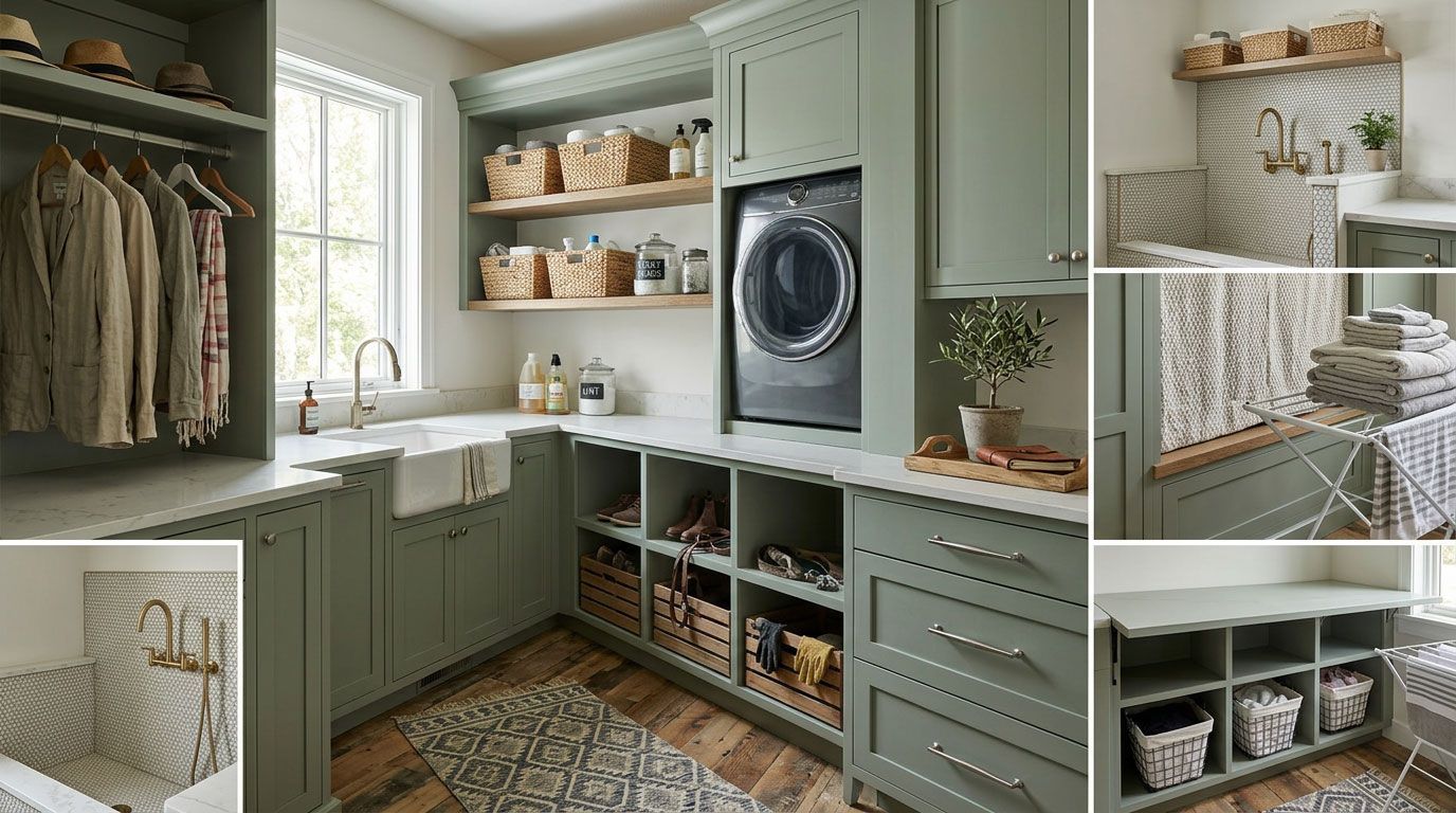 Bright laundry room with sage cabinets, stacked washer-dryer, open shelving, and wicker baskets
